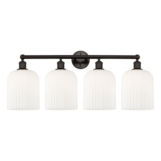 Innovations Bridal Veil 32in 4-Light Bath Vanity | Art Nouveau Oil Rubbed Bronze and Gloss White Ribbed Glass | Bathroom | Model 616-4W-OB-G559-8GWH
