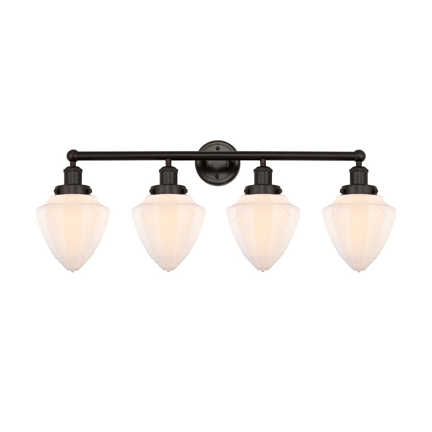Innovations Bullet 34in 4-Light Bath Vanity Light | Industrial Oil Rubbed Bronze Steel and Matte White Frosted Glass | Bathroom | Model 616-4W-OB-G661-7