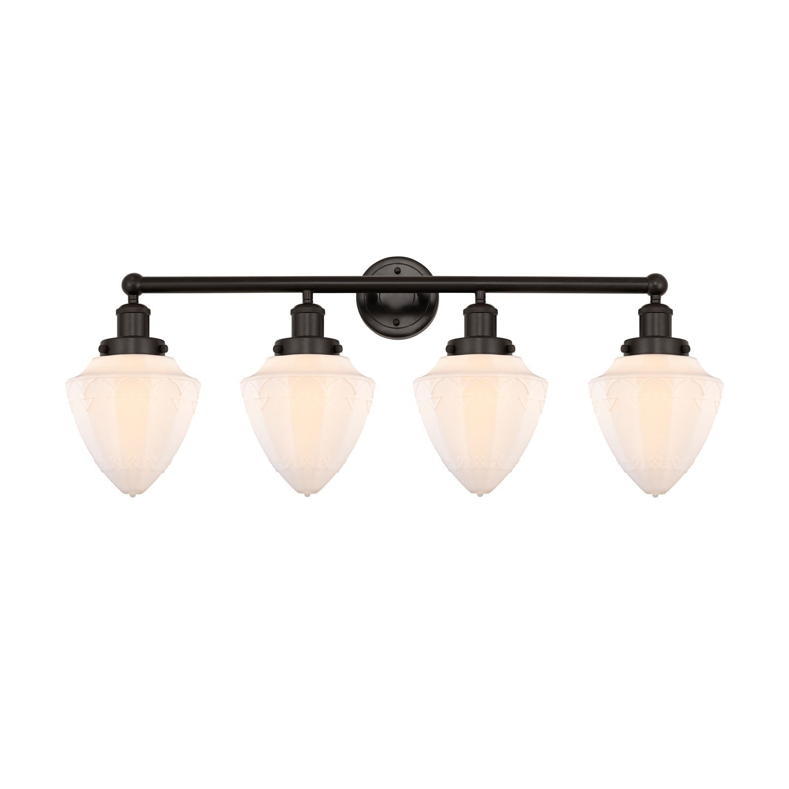 Innovations Bullet 34in 4-Light Bath Vanity Light | Industrial Oil Rubbed Bronze Steel and Matte White Frosted Glass | Bathroom | Model 616-4W-OB-G661-7