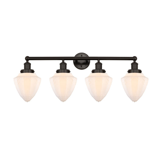 Innovations Bullet 34in 4-Light Bath Vanity Light | Industrial Oil Rubbed Bronze Steel and Matte White Frosted Glass | Bathroom | Model 616-4W-OB-G661-7