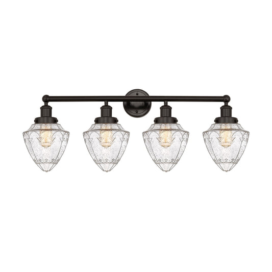 Innovations Bullet 34in 4-Light Bath Vanity Light | Industrial Oil Rubbed Bronze Steel and Seedy Glass | Bathroom Vanity | 34 x | Model 616-4W-OB-G664-7