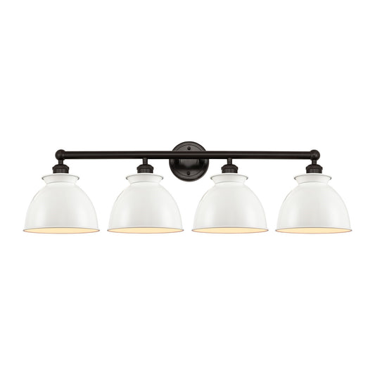 Innovations Adirondack 35in 4-Light Bath Vanity | Industrial Farmhouse Oil Rubbed Bronze Steel and Glossy White Metal Shade | Damp | Model 616-4W-OB-M14-W