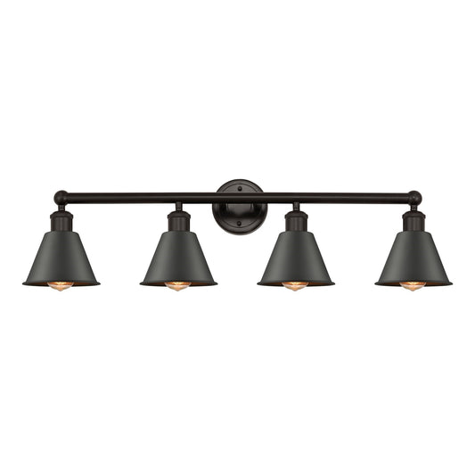 Innovations Smithfield 34in 4-Light Bath Vanity | Industrial Oil Rubbed Bronze Steel and Cast Brass Metal Cone Shade | Bathroom | Model 616-4W-OB-M8-OB
