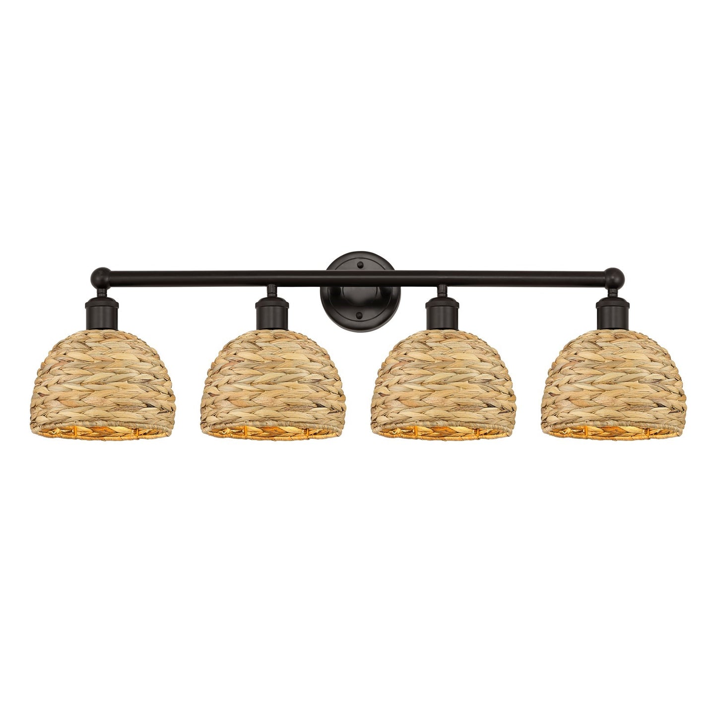 Innovations Woven Rattan 35in 4-Light Bath Vanity Light | Industrial Oil Rubbed Bronze Steel and Natural Fiber Shade | Damp | Model 616-4W-OB-RBD-8-NAT