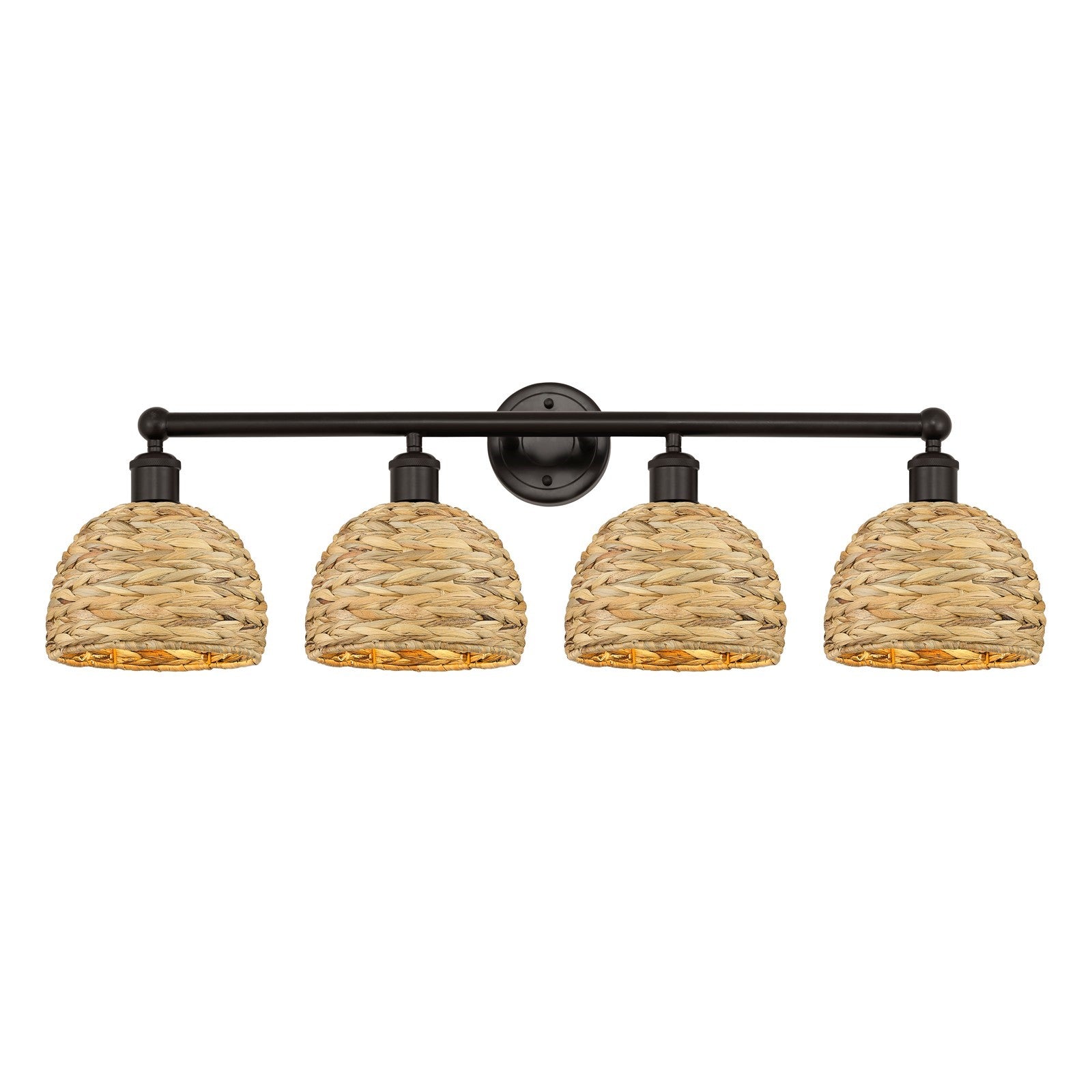 Innovations Woven Rattan 35in 4-Light Bath Vanity Light | Industrial Oil Rubbed Bronze Steel and Natural Fiber Shade | Damp | Model 616-4W-OB-RBD-8-NAT