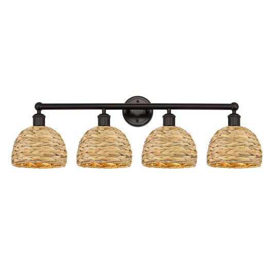 Innovations Woven Rattan 35in 4-Light Bath Vanity Light | Industrial Oil Rubbed Bronze Steel and Natural Fiber Shade | Damp | Model 616-4W-OB-RBD-8-NAT