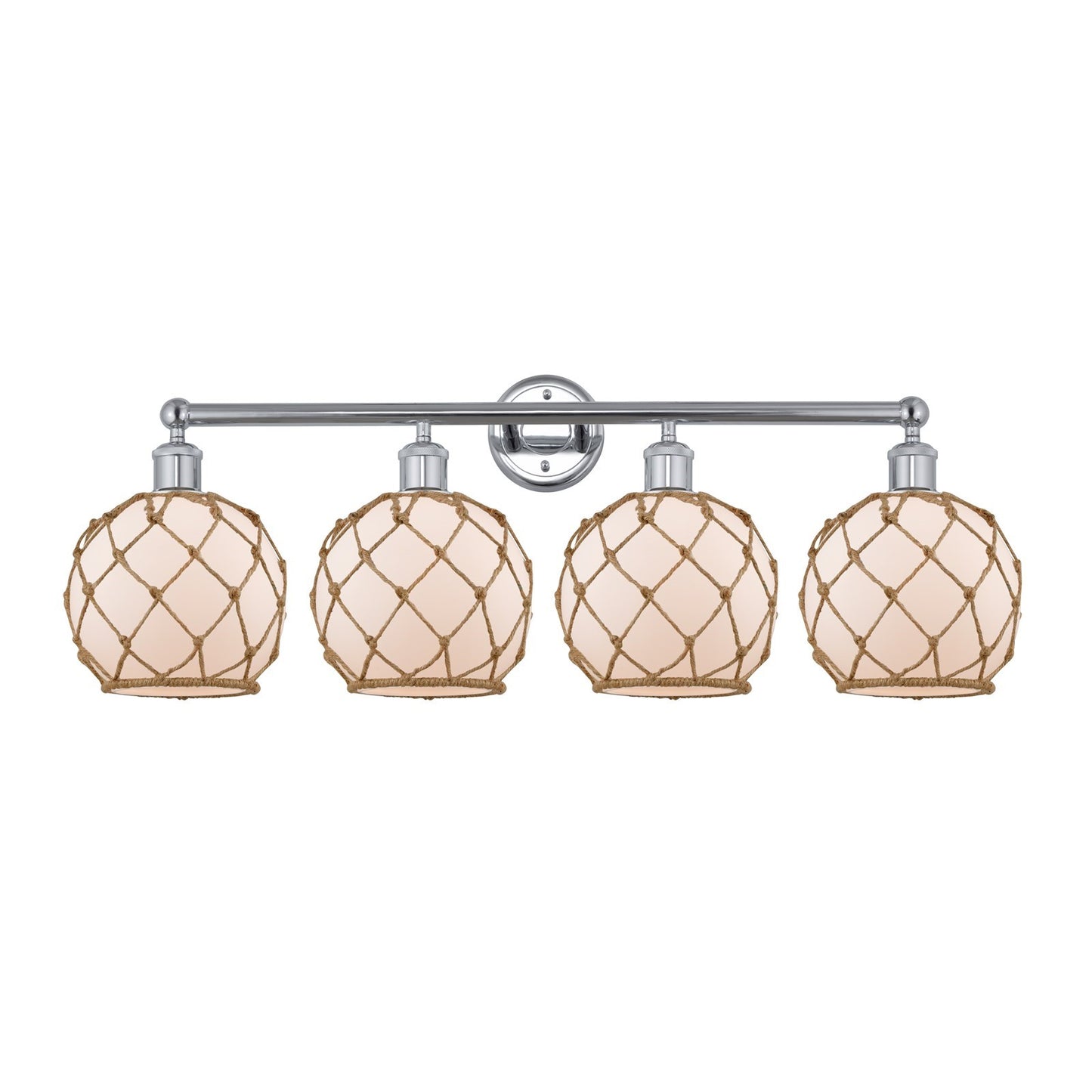 Innovations Farmhouse Rope 35in 4-Light Bath Vanity | Industrial Polished Chrome Steel and White Frosted Glass with Brown Rope | Model 616-4W-PC-G121-8RB