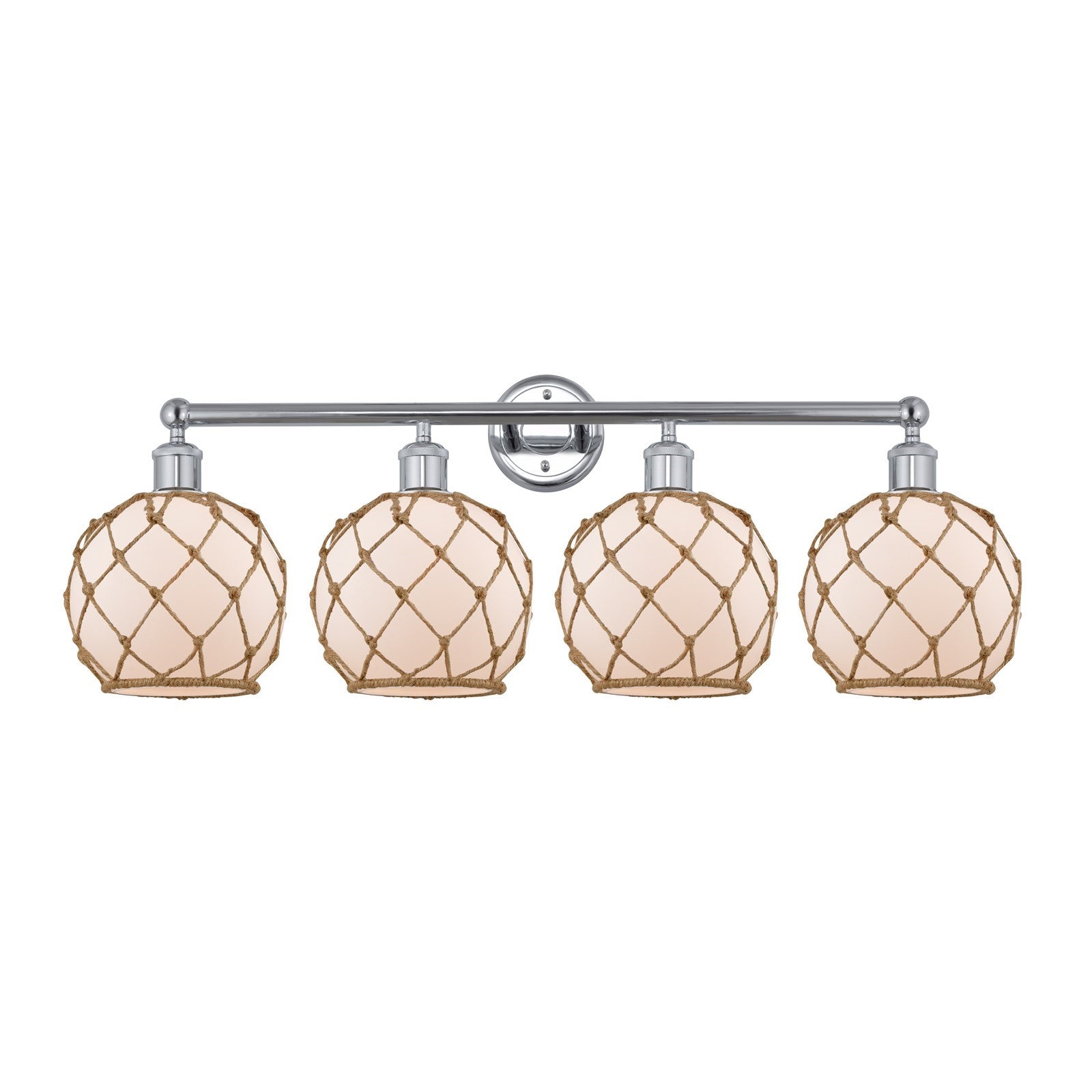 Innovations Farmhouse Rope 35in 4-Light Bath Vanity | Industrial Polished Chrome Steel and White Frosted Glass with Brown Rope | Model 616-4W-PC-G121-8RB