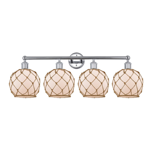 Innovations Farmhouse Rope 35in 4-Light Bath Vanity | Industrial Polished Chrome Steel and White Frosted Glass with Brown Rope | Model 616-4W-PC-G121-8RB