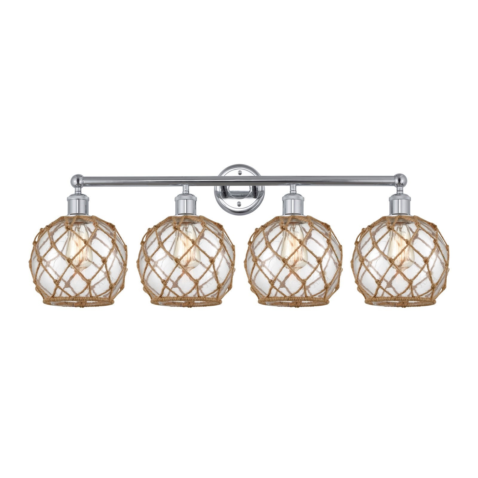 Innovations Farmhouse Rope 35in 4-Light Bath Vanity | Industrial Polished Chrome Steel and Clear Glass with Brown Rope | Model 616-4W-PC-G122-8RB