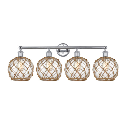 Innovations Farmhouse Rope 35in 4-Light Bath Vanity | Industrial Polished Chrome Steel and Clear Glass with Brown Rope | Model 616-4W-PC-G122-8RB