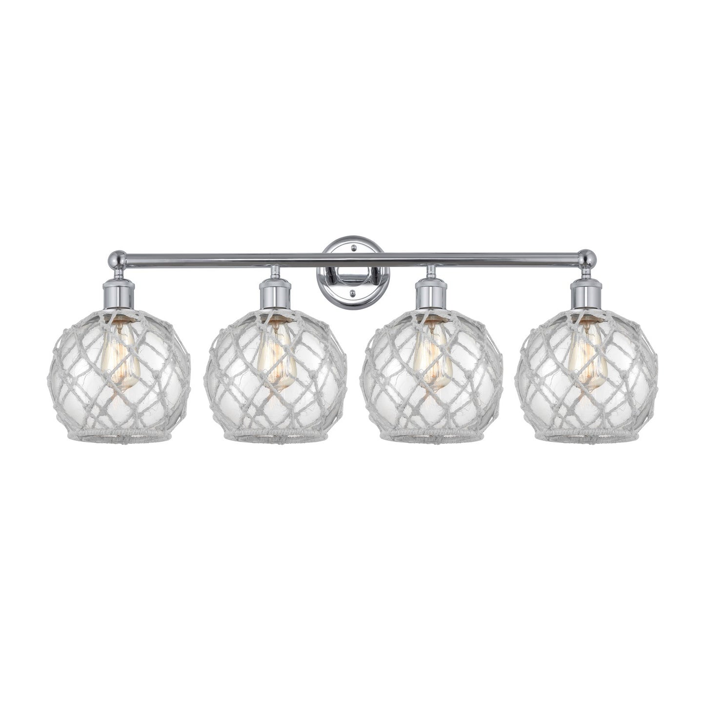 Innovations Farmhouse Rope 35in 4-Light Bath Vanity | Industrial Polished Chrome Steel and Clear Glass with White Rope | Model 616-4W-PC-G122-8RW