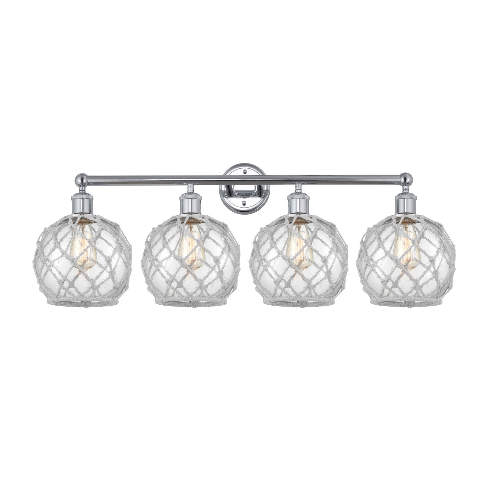 Innovations Farmhouse Rope 35in 4-Light Bath Vanity | Industrial Polished Chrome Steel and Clear Glass with White Rope | Model 616-4W-PC-G122-8RW