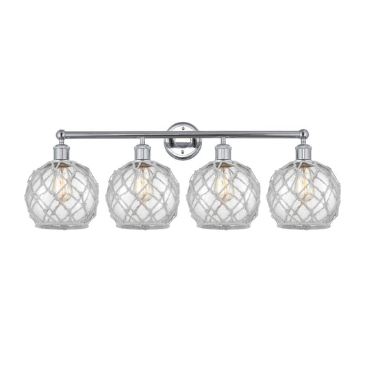 Innovations Farmhouse Rope 35in 4-Light Bath Vanity | Industrial Polished Chrome Steel and Clear Glass with White Rope | Model 616-4W-PC-G122-8RW