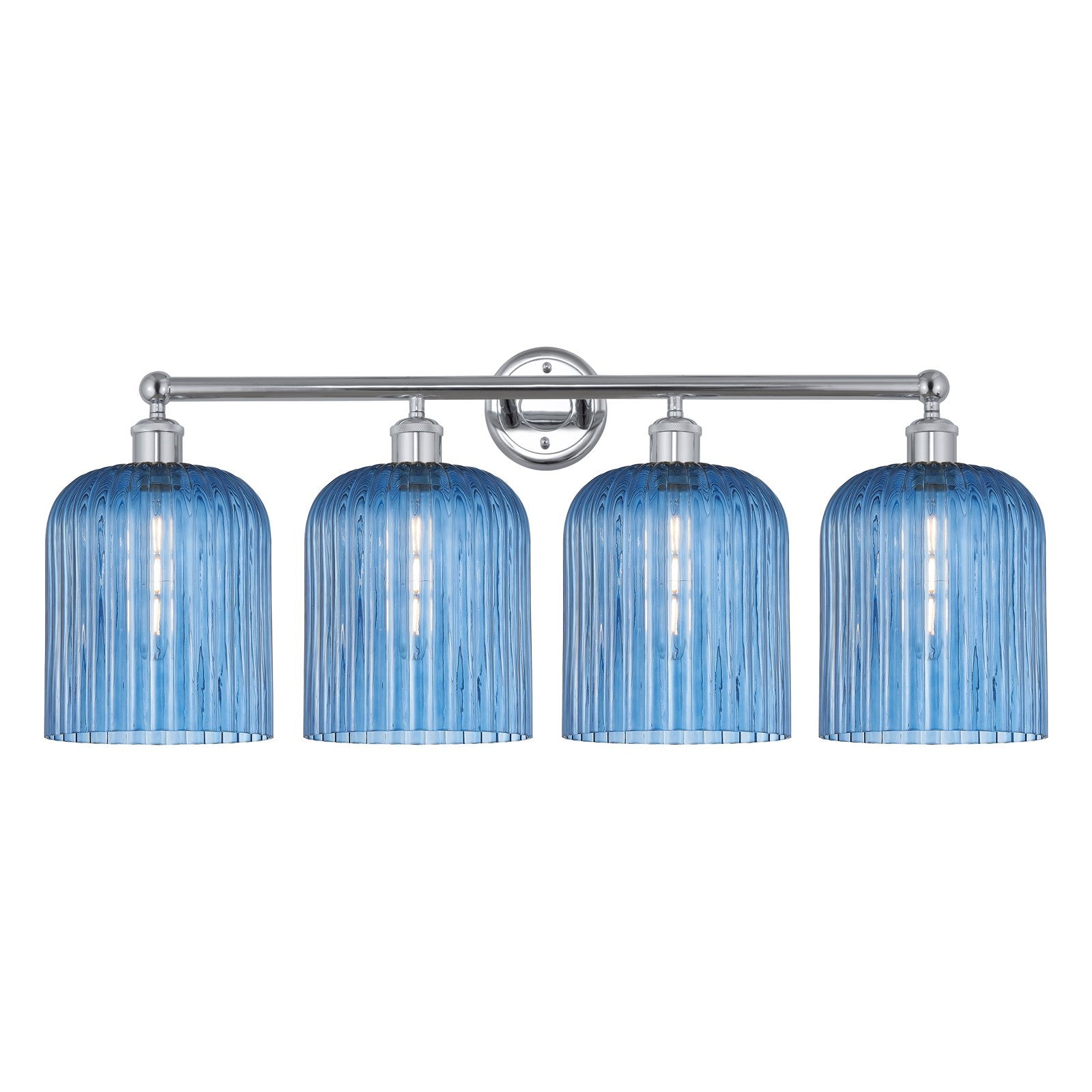 Innovations Bridal Veil 32in 4-Light Bath Vanity Light | Art Nouveau Polished Chrome and Princess Blue Ribbed Glass | Bathroom | Model 616-4W-PC-G559-8BL