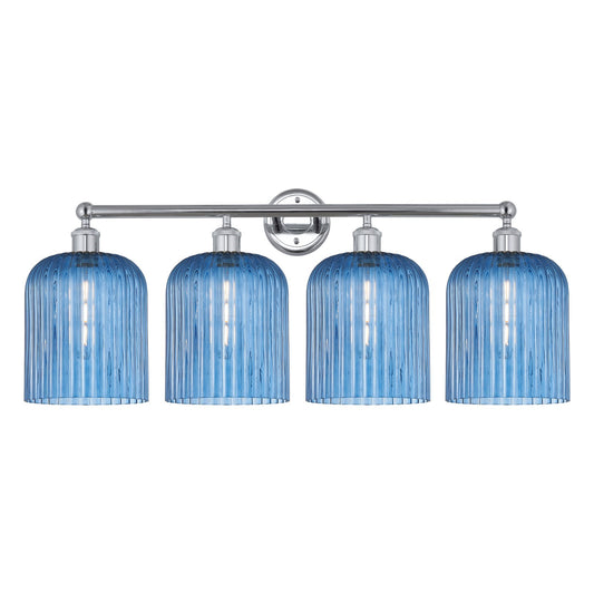 Innovations Bridal Veil 32in 4-Light Bath Vanity Light | Art Nouveau Polished Chrome and Princess Blue Ribbed Glass | Bathroom | Model 616-4W-PC-G559-8BL