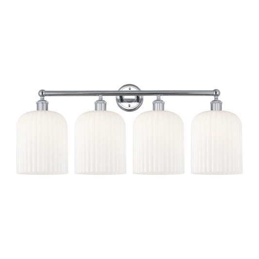 Innovations Bridal Veil 32in 4-Light Bath Vanity Light | Art Nouveau Industrial Polished Chrome and Gloss White Ribbed Glass | Model 616-4W-PC-G559-8GWH