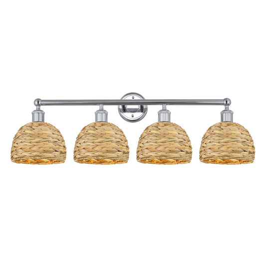 Innovations Woven Rattan 35in 4-Light Bath Vanity Light | Industrial Polished Chrome and Natural Fiber | Damp Rated Bathroom | Model 616-4W-PC-RBD-8-NAT