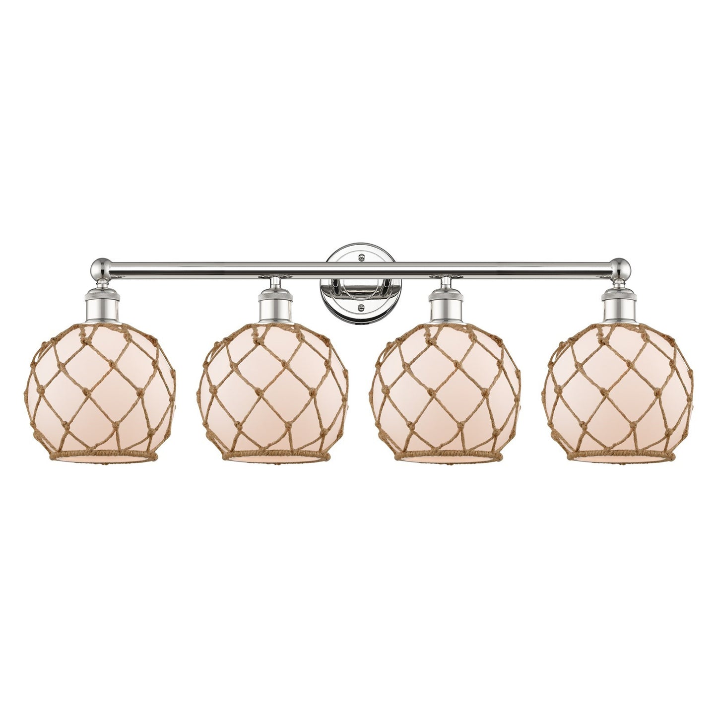 Innovations Farmhouse Rope 35in 4-Light Bath Vanity | Industrial Polished Nickel and White Glass with Brown Rope | Bathroom | Model 616-4W-PN-G121-8RB