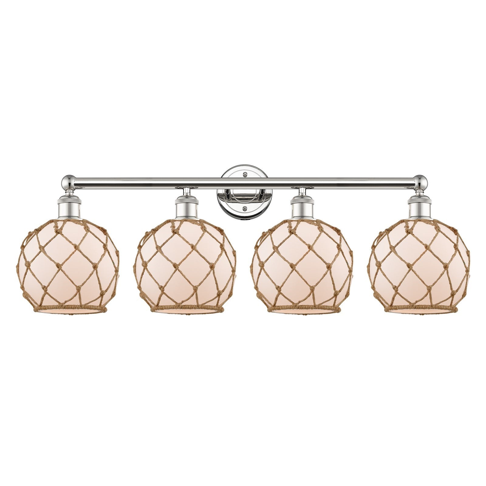 Innovations Farmhouse Rope 35in 4-Light Bath Vanity | Industrial Polished Nickel and White Glass with Brown Rope | Bathroom | Model 616-4W-PN-G121-8RB