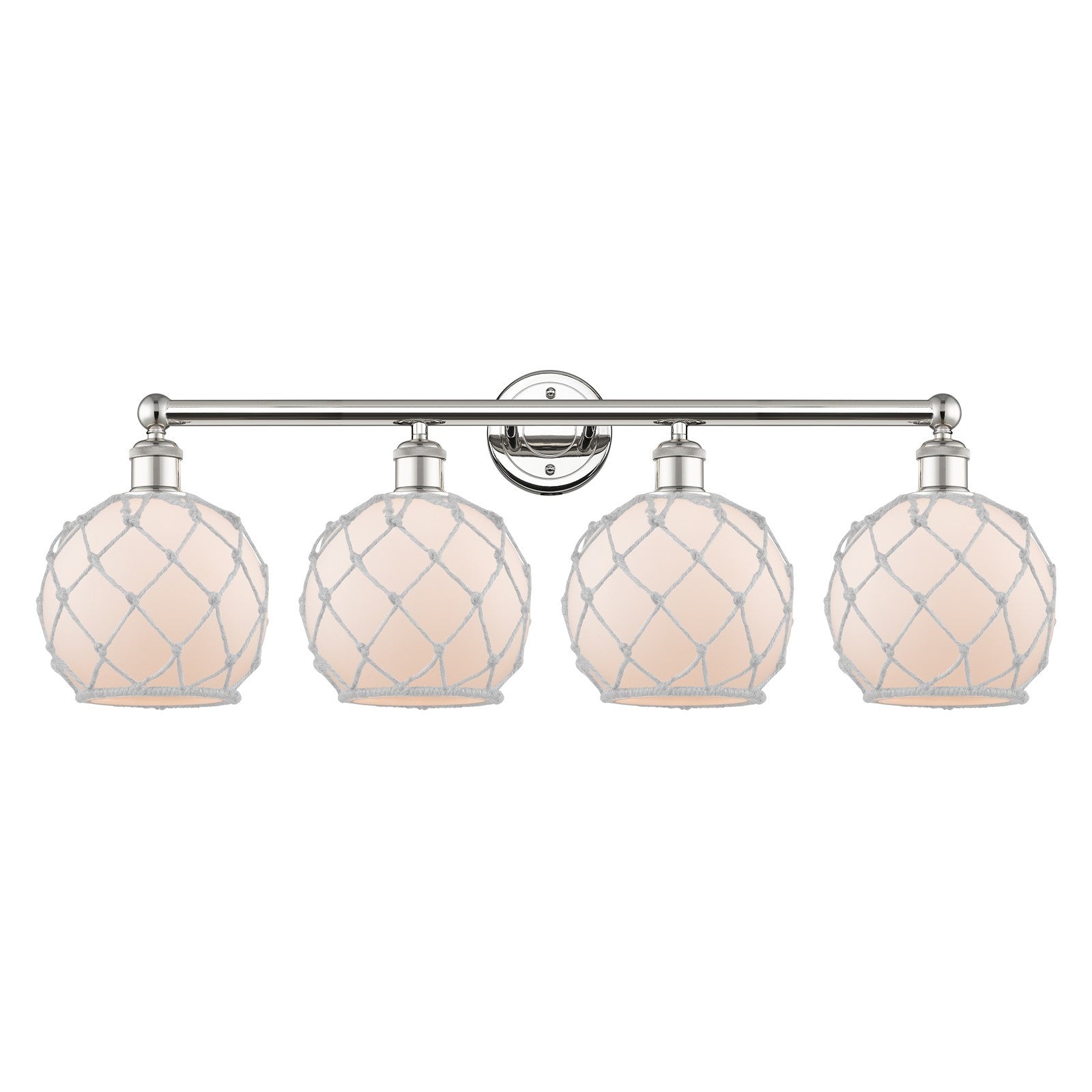 Innovations Farmhouse Rope 35in 4-Light Bath Vanity Light | Industrial Polished Nickel Steel and White Frosted Glass with Rope | Model 616-4W-PN-G121-8RW