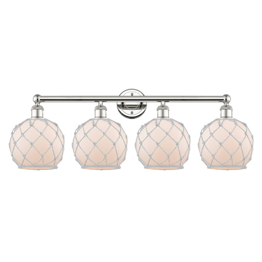 Innovations Farmhouse Rope 35in 4-Light Bath Vanity Light | Industrial Polished Nickel Steel and White Frosted Glass with Rope | Model 616-4W-PN-G121-8RW