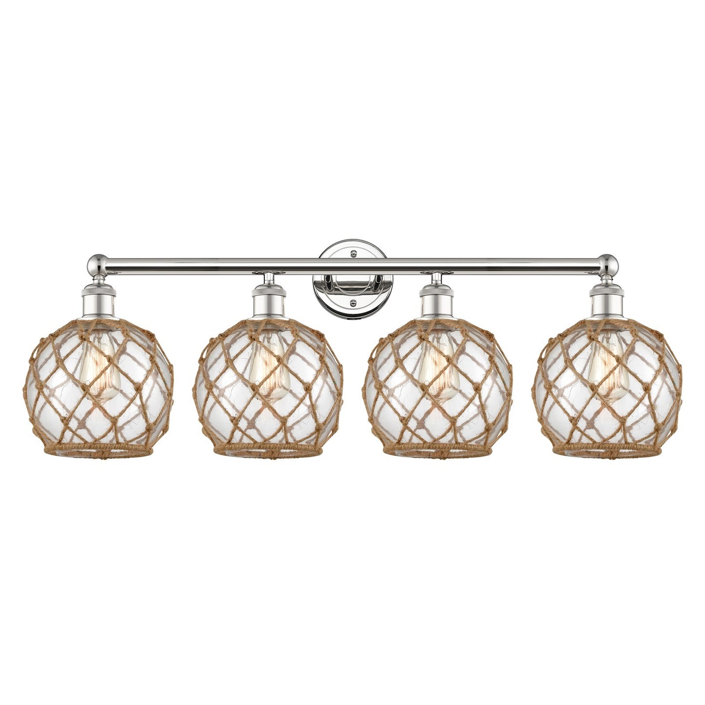 Innovations Farmhouse Rope 35in 4-Light Bath Vanity | Industrial Polished Nickel Steel and Clear Glass with Brown Rope | Model 616-4W-PN-G122-8RB