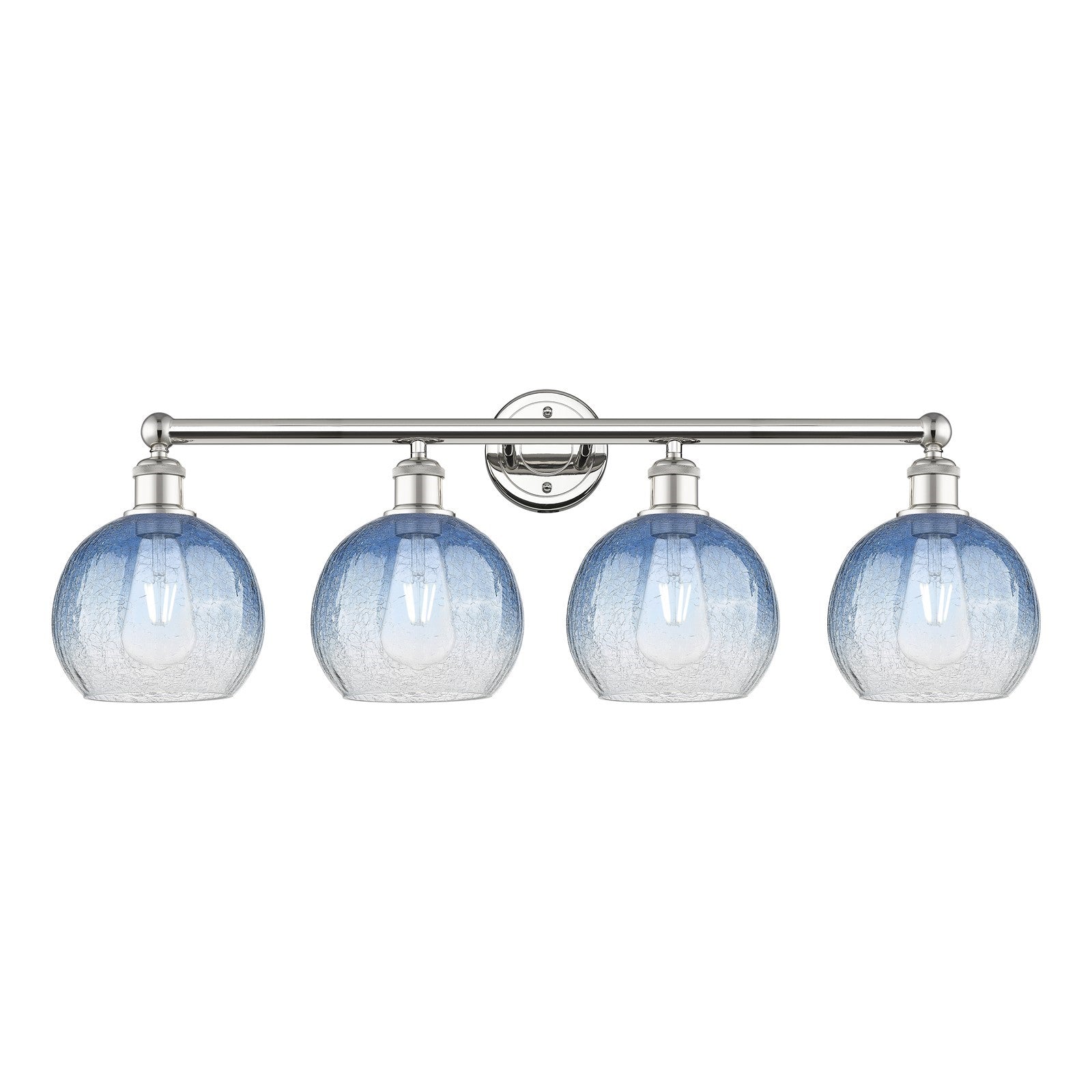 Innovations Brookhaven Globe 35in 4-Light Bath Vanity Light | Industrial Polished Nickel Steel and Sapphire Blue Glass | Model 616-4W-PN-G483-8SB