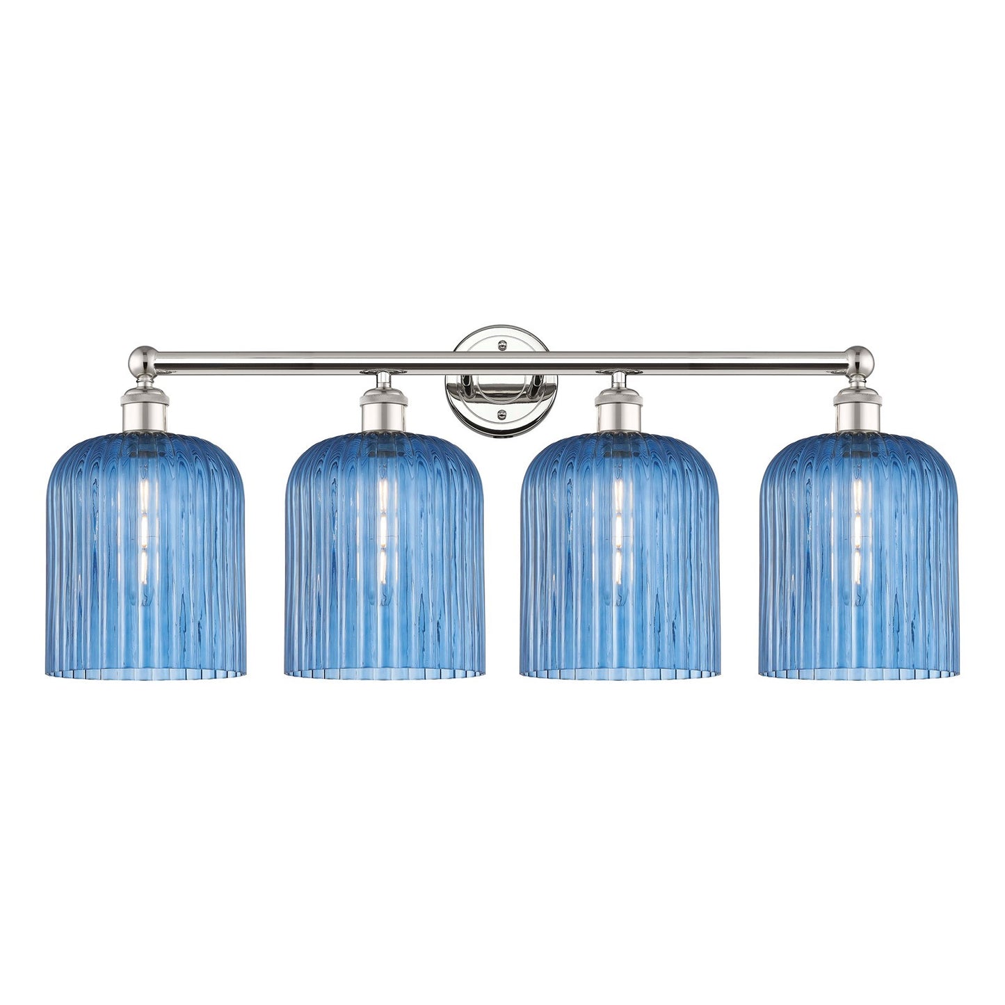 Innovations Bridal Veil 32in 4-Light Bath Vanity Light | Art Nouveau Polished Nickel and Princess Blue Ribbed Glass | Bathroom | Model 616-4W-PN-G559-8BL