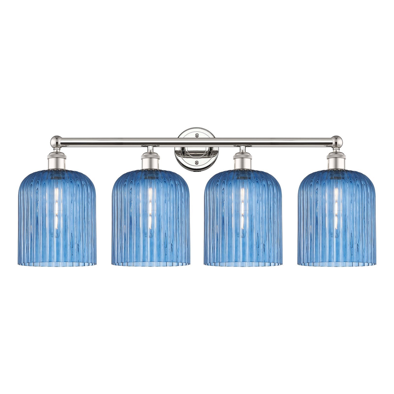 Innovations Bridal Veil 32in 4-Light Bath Vanity Light | Art Nouveau Polished Nickel and Princess Blue Ribbed Glass | Bathroom | Model 616-4W-PN-G559-8BL