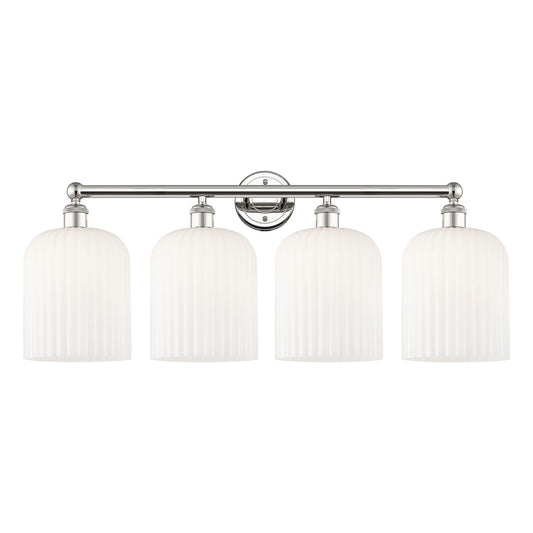 Innovations Bridal Veil 32in 4-Light Bath Vanity Light | Art Nouveau Polished Nickel and Gloss White Ribbed Glass | Bathroom | Model 616-4W-PN-G559-8GWH