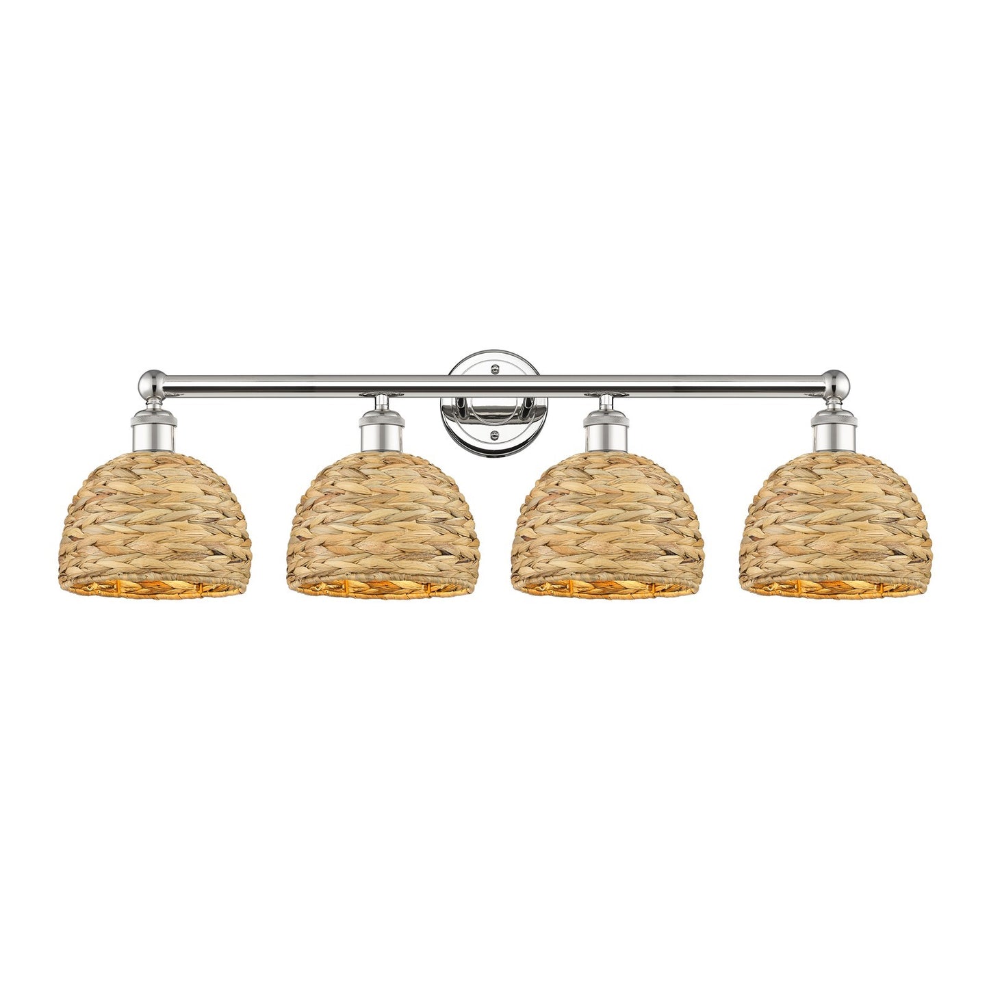 Innovations Woven Rattan 35in 4-Light Bath Vanity Light | Industrial Polished Nickel Steel and Natural Rattan Shade | Bathroom | Model 616-4W-PN-RBD-8-NAT