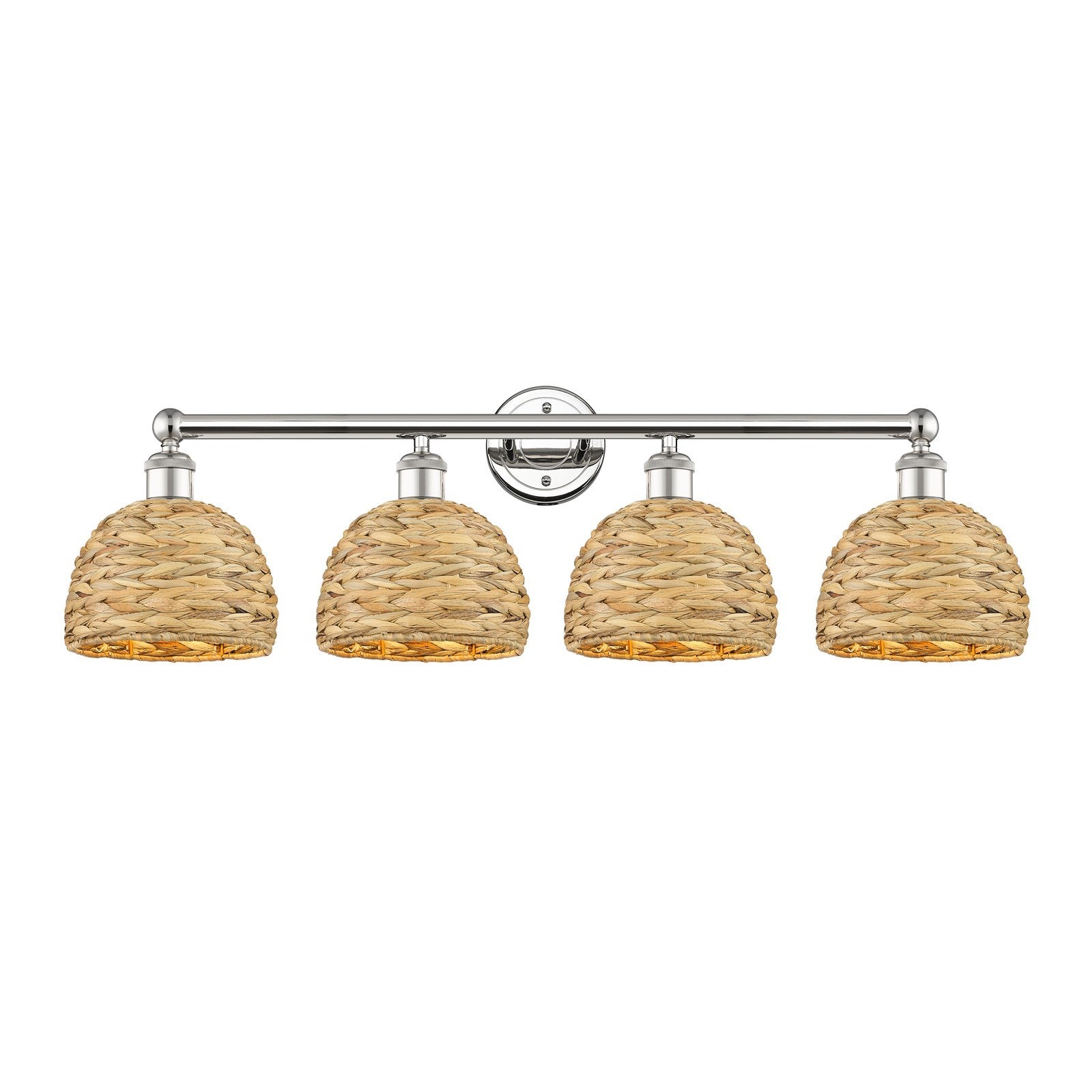 Innovations Woven Rattan 35in 4-Light Bath Vanity Light | Industrial Polished Nickel Steel and Natural Rattan Shade | Bathroom | Model 616-4W-PN-RBD-8-NAT