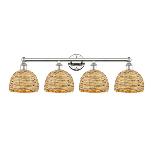 Innovations Woven Rattan 35in 4-Light Bath Vanity Light | Industrial Polished Nickel Steel and Natural Rattan Shade | Bathroom | Model 616-4W-PN-RBD-8-NAT
