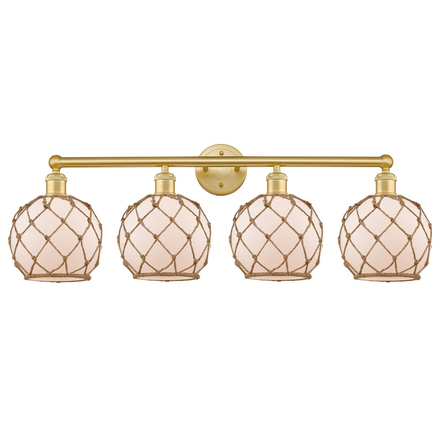 Innovations Farmhouse Rope 35in 4-Light Bath Vanity | Industrial Satin Gold Steel and Cast Brass with White Glass and Brown | Model 616-4W-SG-G121-8RB