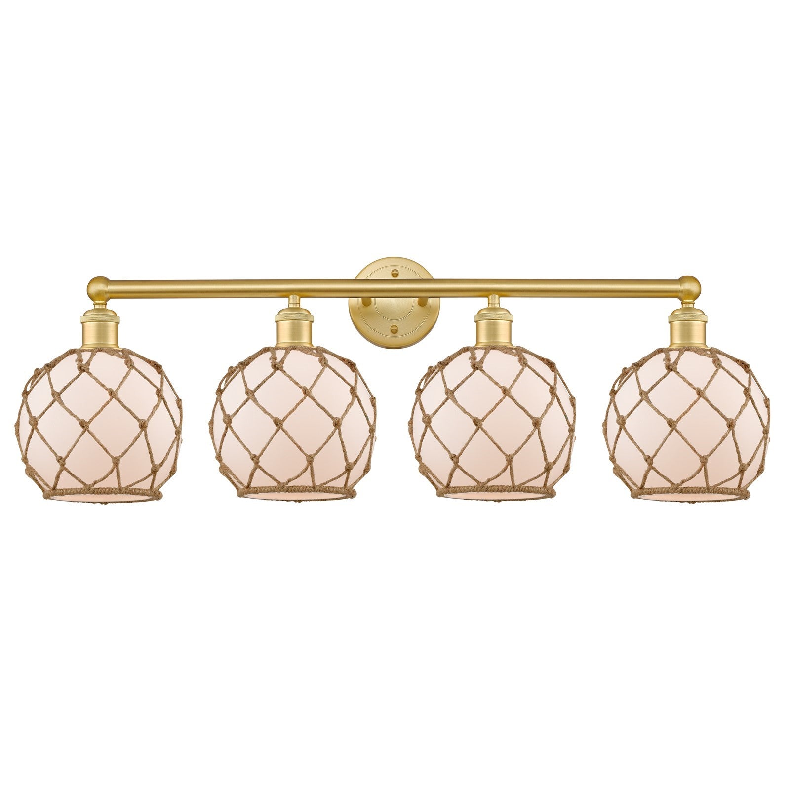 Innovations Farmhouse Rope 35in 4-Light Bath Vanity | Industrial Satin Gold Steel and Cast Brass with White Glass and Brown | Model 616-4W-SG-G121-8RB