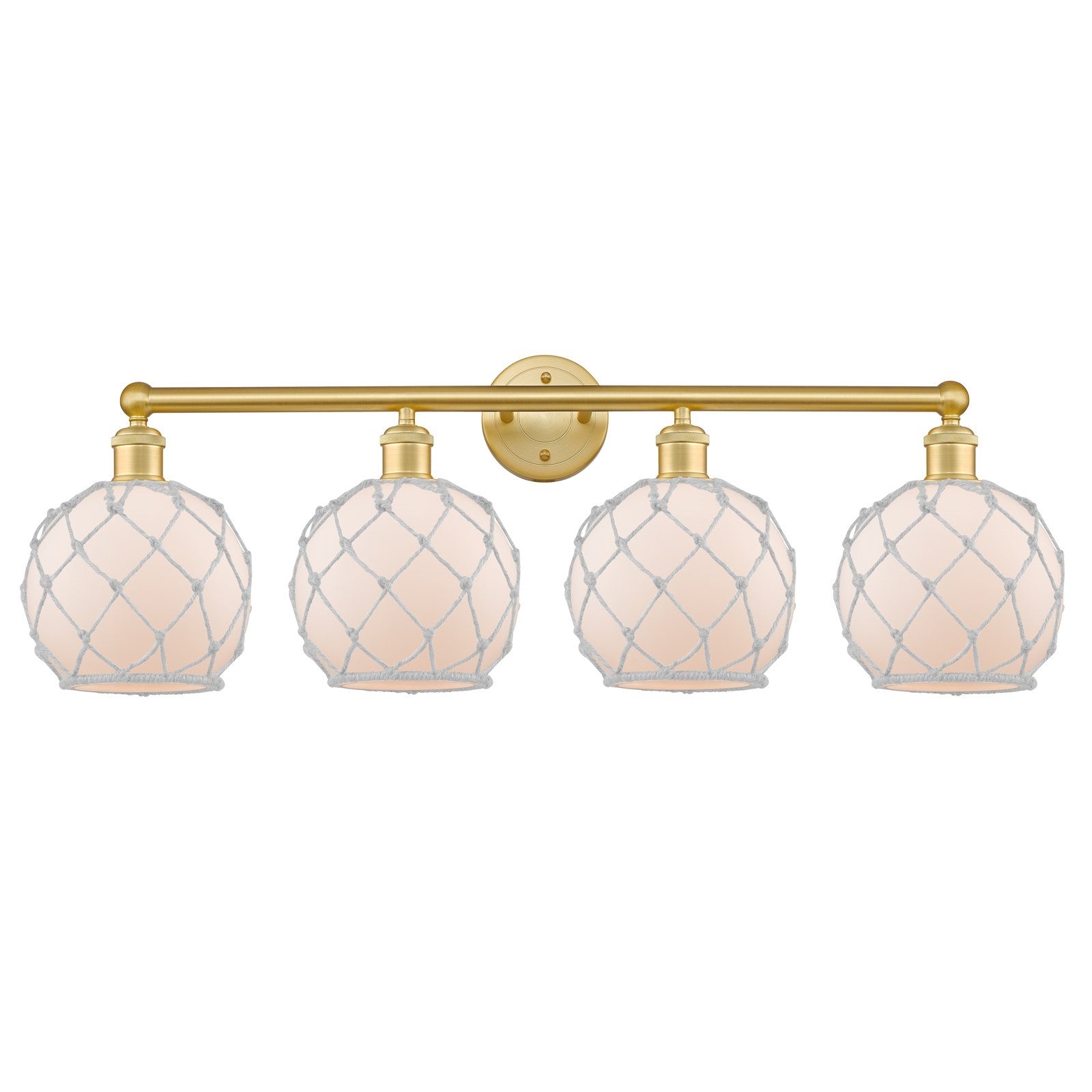Innovations Farmhouse Rope 35in 4-Light Bath Vanity | Industrial Satin Gold Steel and Cast Brass with White Frosted Glass and | Model 616-4W-SG-G121-8RW