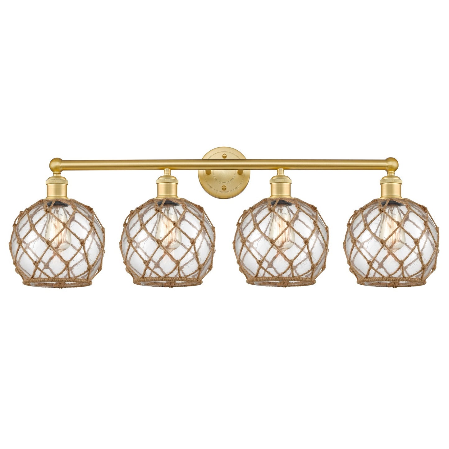 Innovations Farmhouse Rope 35in 4-Light Bath Vanity | Industrial Satin Gold Steel and Clear Glass with Brown Rope | Bathroom | Model 616-4W-SG-G122-8RB