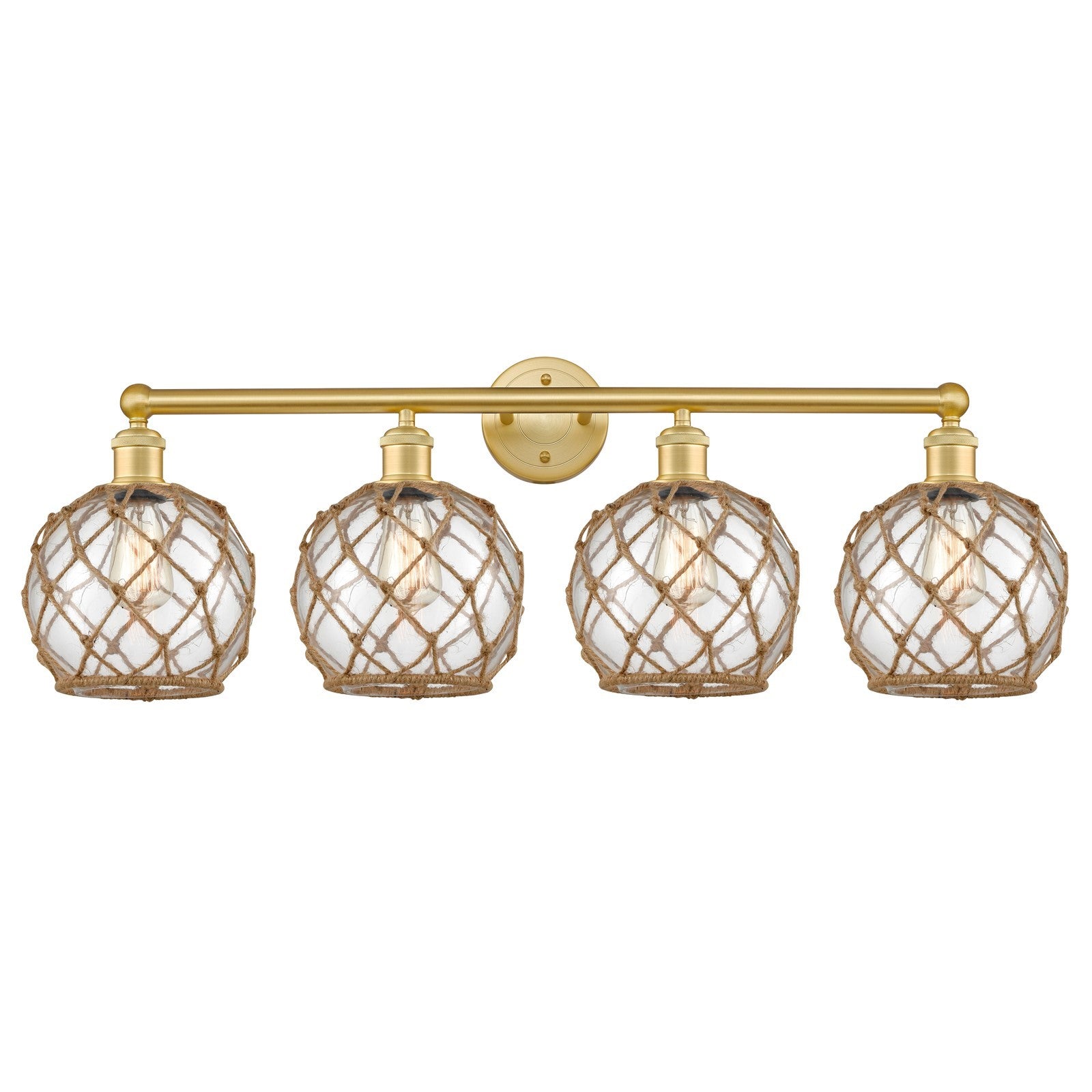 Innovations Farmhouse Rope 35in 4-Light Bath Vanity | Industrial Satin Gold Steel and Clear Glass with Brown Rope | Bathroom | Model 616-4W-SG-G122-8RB