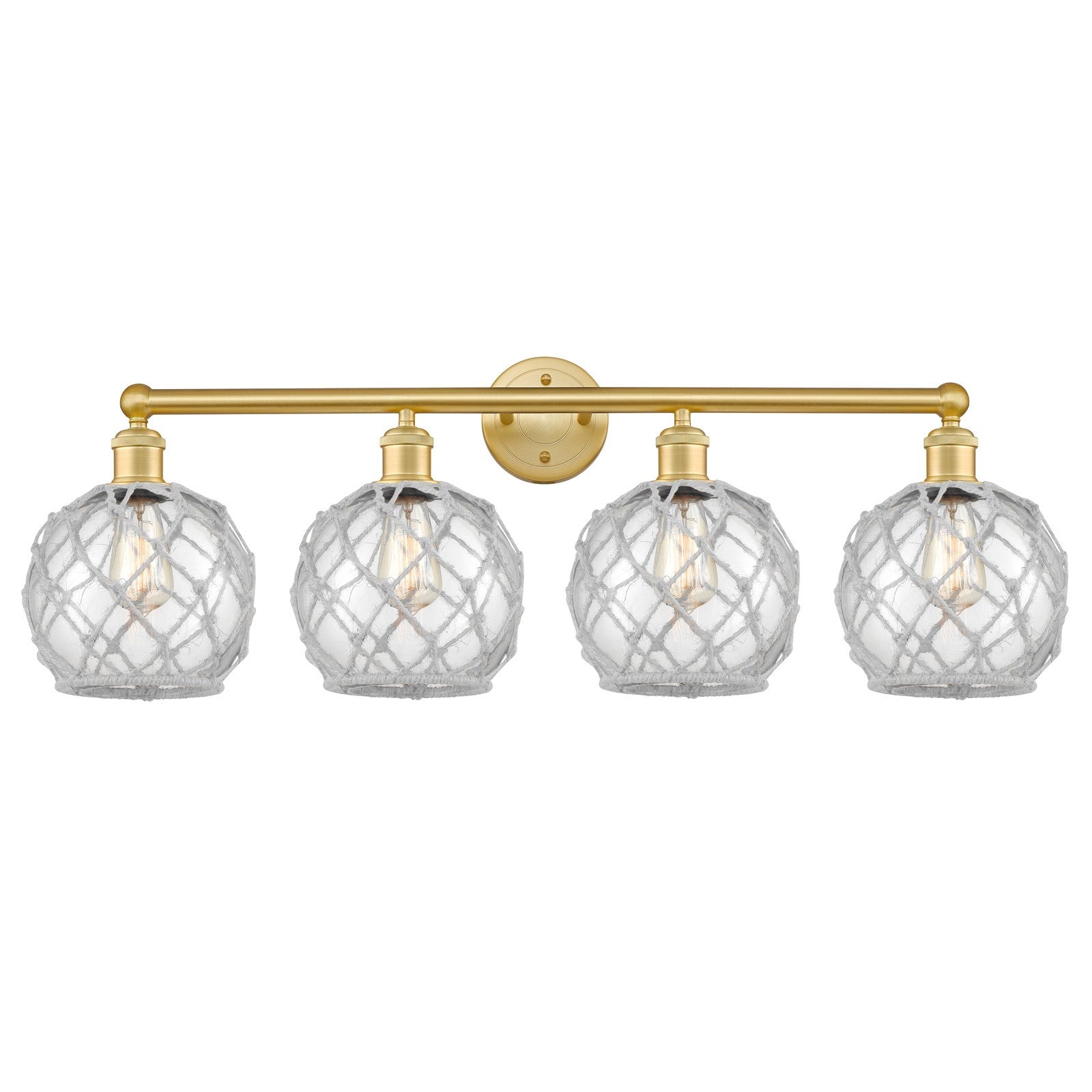 Innovations Farmhouse Rope 35in 4-Light Bath Vanity | Industrial Satin Gold Steel and Clear Glass with White Rope | Bathroom | Model 616-4W-SG-G122-8RW