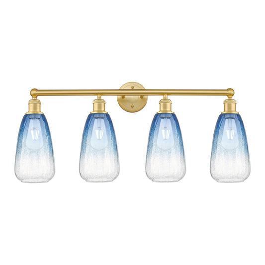 Innovations Brookhaven Almond 33in 4-Light Bath Vanity Light | Industrial Satin Gold Steel and Cast Brass with Sapphire Blue | Model 616-4W-SG-G480-6SB