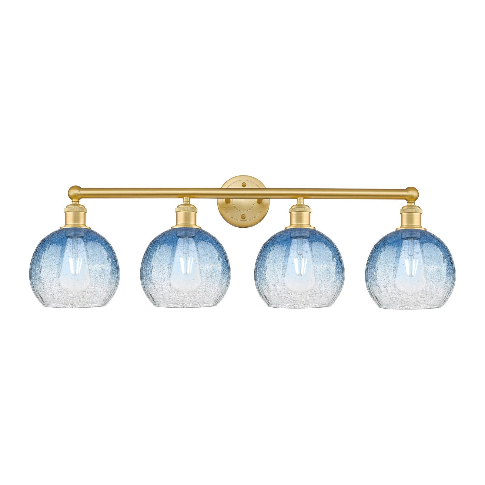 Innovations Brookhaven Globe 35in 4-Light Bath Vanity Light | Industrial Satin Gold Steel and Sapphire Blue Glass | Bathroom | Model 616-4W-SG-G483-8SB