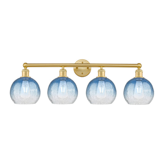 Innovations Brookhaven Globe 35in 4-Light Bath Vanity Light | Industrial Satin Gold Steel and Sapphire Blue Glass | Bathroom | Model 616-4W-SG-G483-8SB