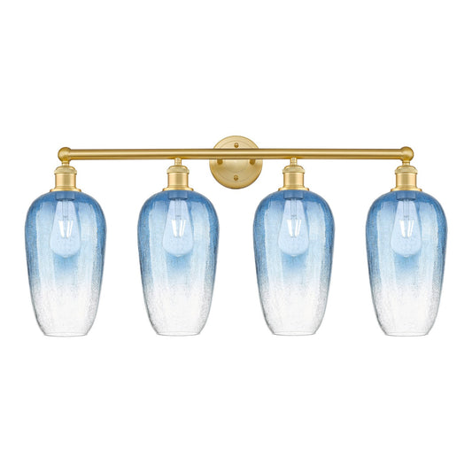 Innovations Brookhaven Flute 34in 4-Light Bath Vanity Light | Industrial Satin Gold Steel and Sapphire Blue Glass | Bathroom | Model 616-4W-SG-G484-7SB