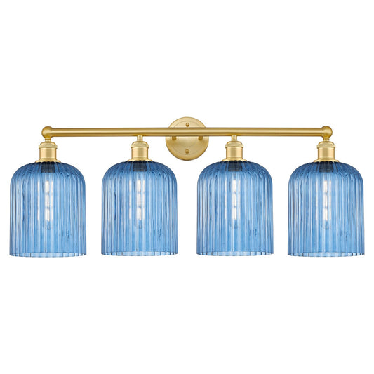 Innovations Bridal Veil 32in 4-Light Bath Vanity Light | Art Nouveau Satin Gold Steel and Princess Blue Ribbed Glass | Bathroom | Model 616-4W-SG-G559-8BL