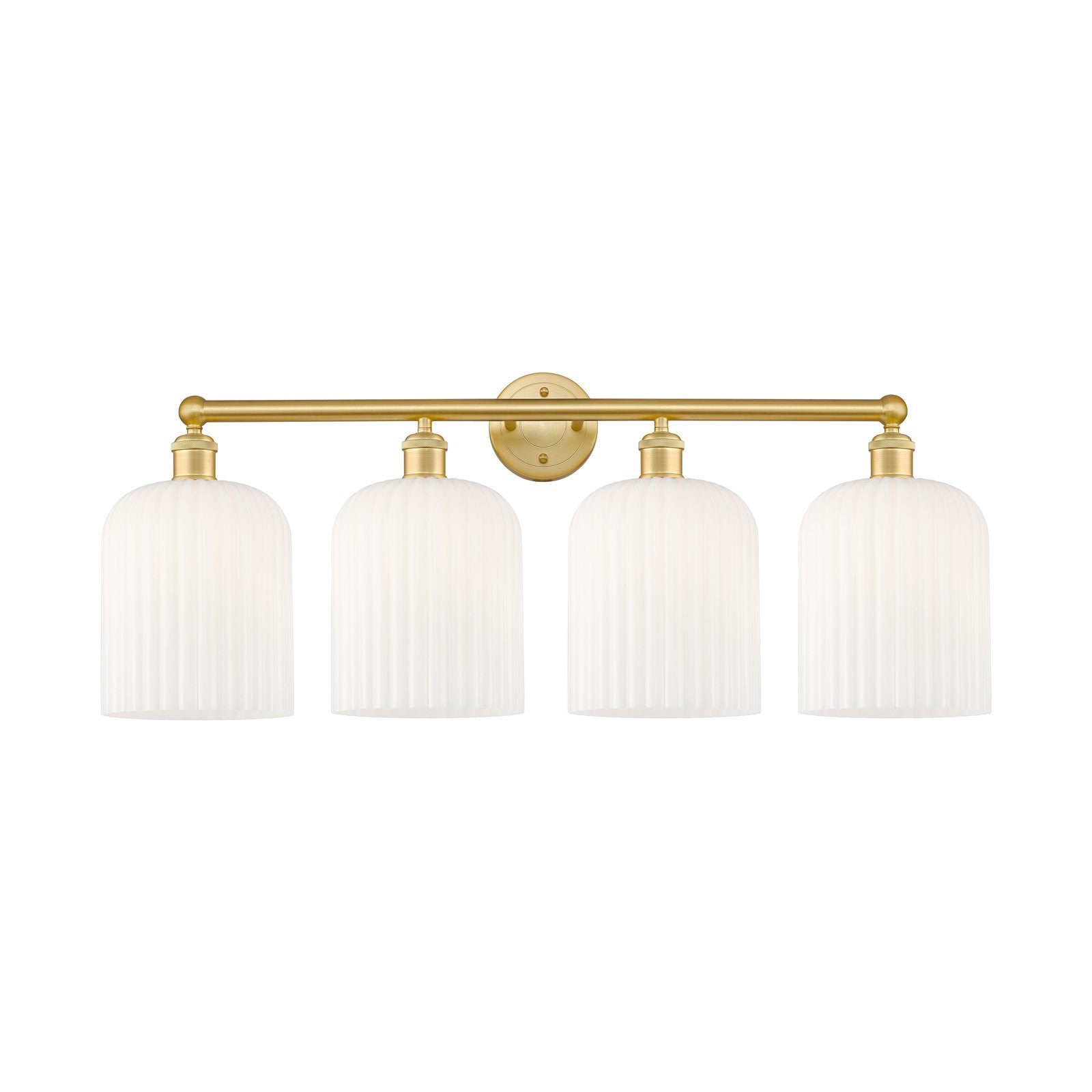 Innovations Bridal Veil 32in 4-Light Bath Vanity | Art Nouveau Satin Gold Steel and Gloss White Ribbed Glass | Bathroom Vanity | Model 616-4W-SG-G559-8GWH