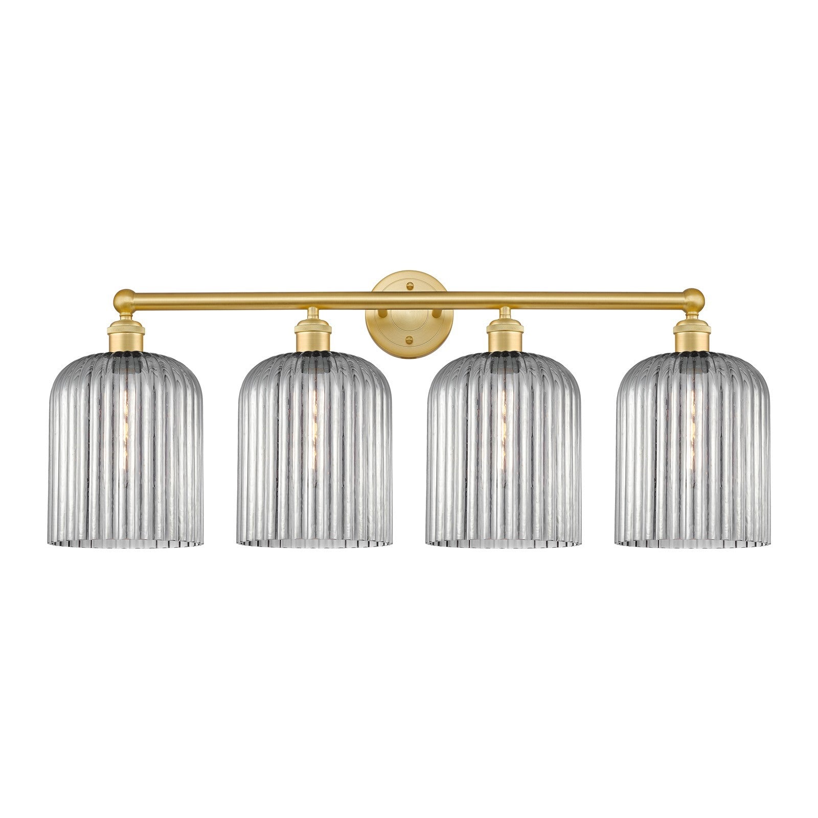 Innovations Bridal Veil 32in 4-Light Bath Vanity Light | Art Nouveau Satin Gold Steel and Cast Brass with Light Smoke Ribbed | Model 616-4W-SG-G559-8SM