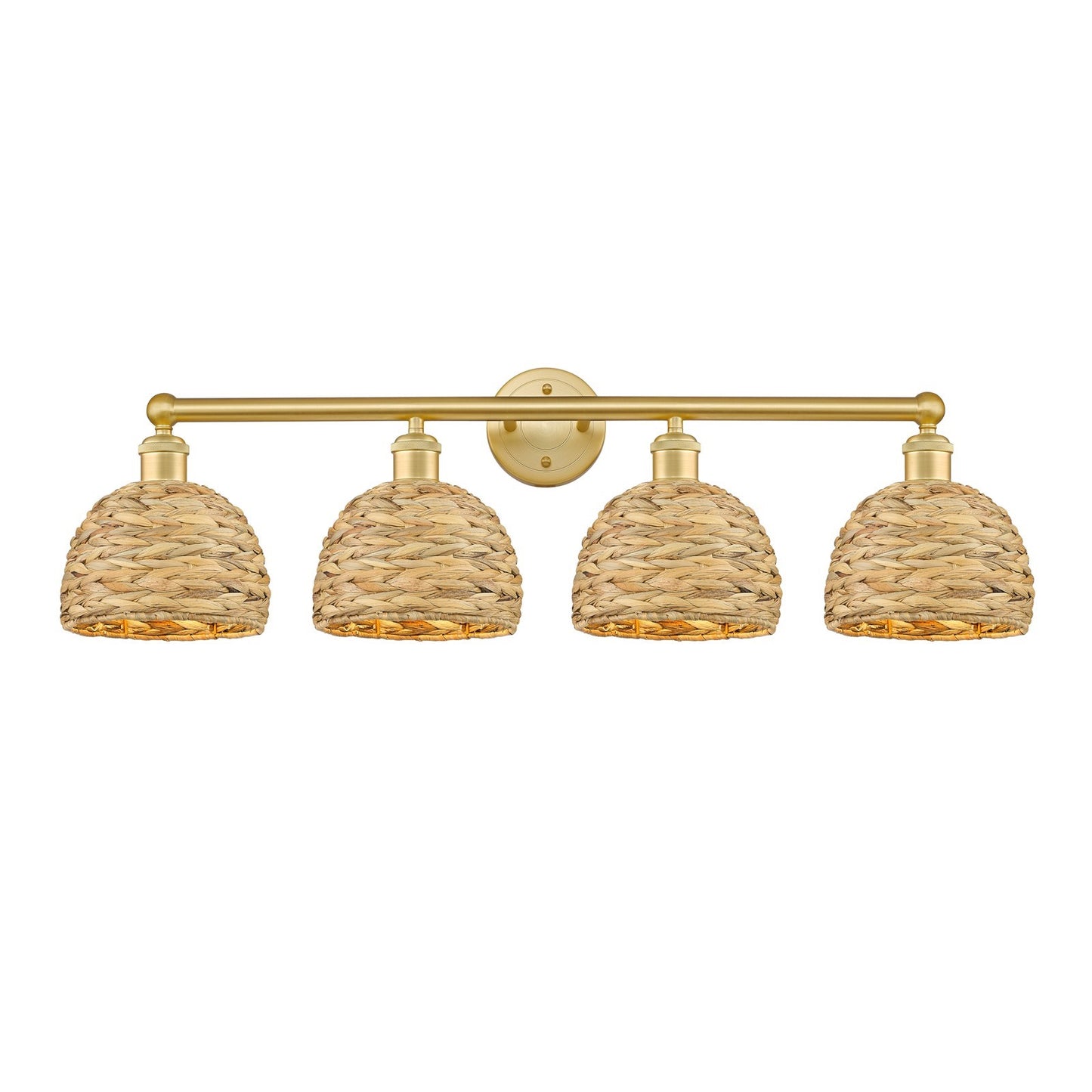 Innovations Woven Rattan 35in 4-Light Bath Vanity | Industrial Satin Gold Steel and Natural Fiber Shade | Bathroom Vanity | Model 616-4W-SG-RBD-8-NAT