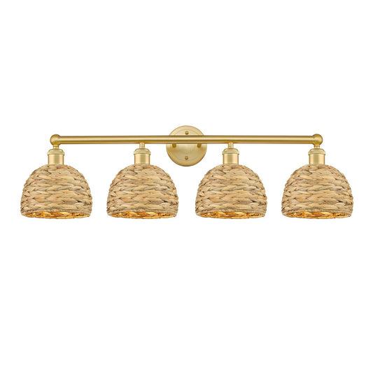 Innovations Woven Rattan 35in 4-Light Bath Vanity | Industrial Satin Gold Steel and Natural Fiber Shade | Bathroom Vanity | Model 616-4W-SG-RBD-8-NAT
