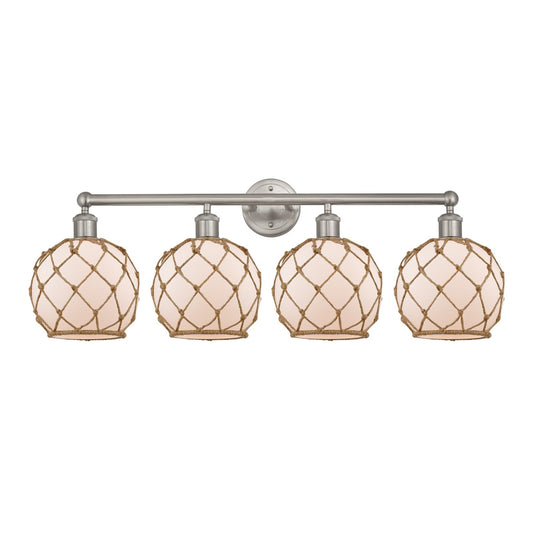 Innovations Farmhouse Rope 35in 4-Light Bath Vanity Light | Industrial Brushed Satin Nickel and White Frosted Glass with Brown | Model 616-4W-SN-G121-8RB